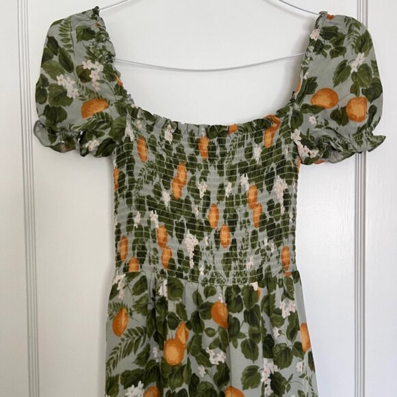 Reformation Inka Midi Smocked Dress in Orange Grove | Size XS - Picture 2 of 9